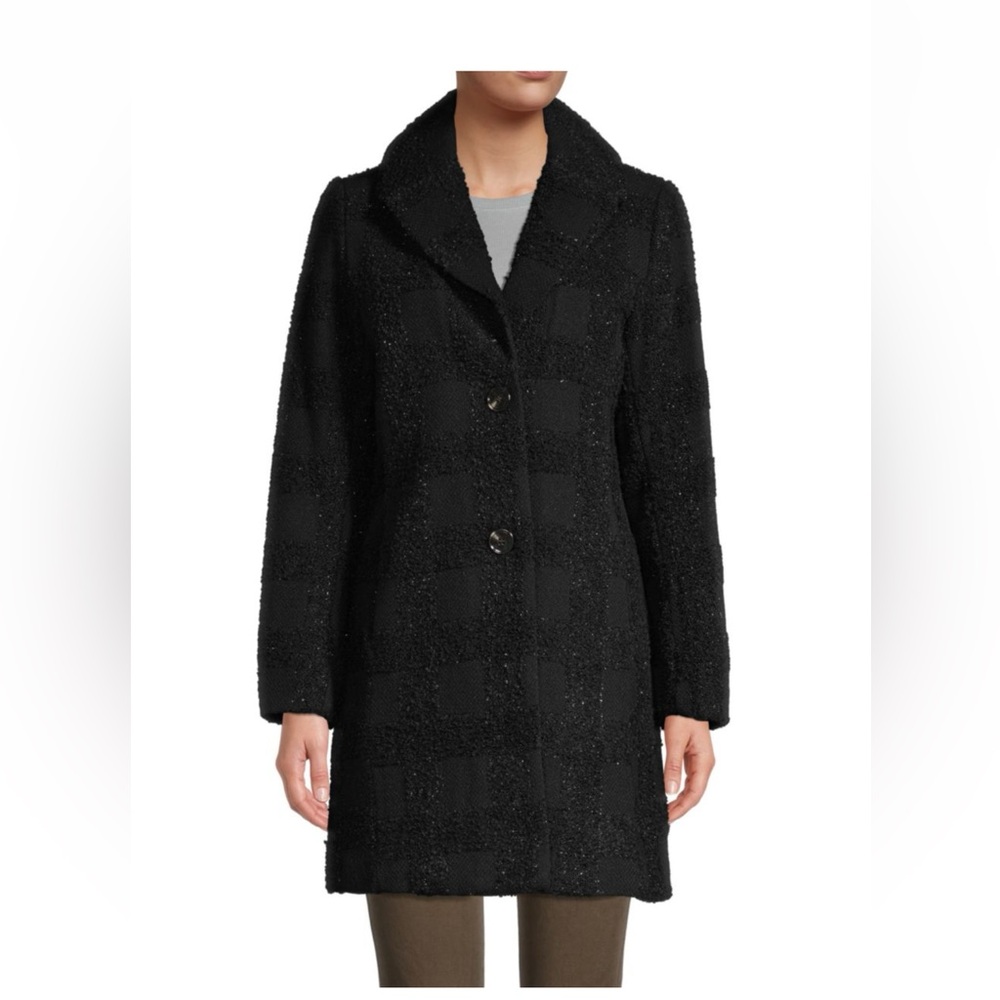 Tahari Black Womens Lurex Wool Blend Plaid Walker Shawl Collar Coat‎ Small